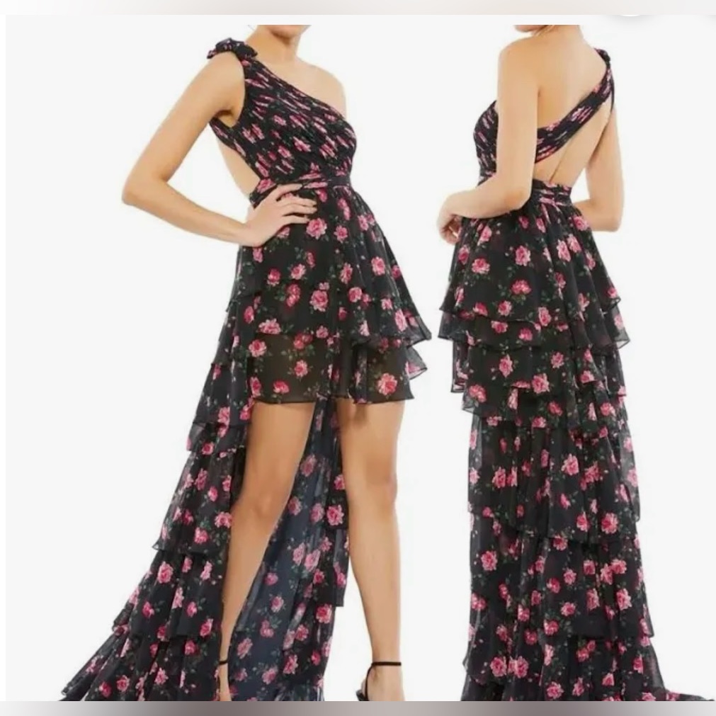 Mac Duggal One Shoulder Black And Pink Floral Dress Nwt Sz 2